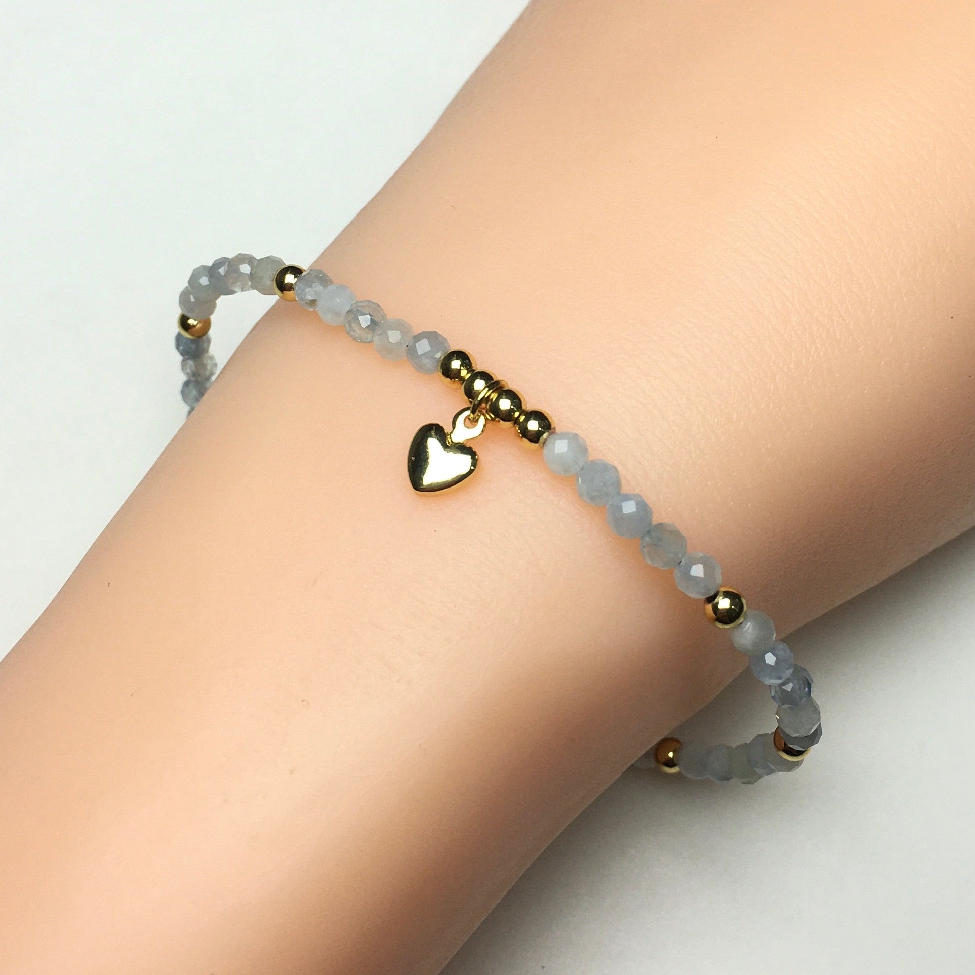 Aquamarine Gemstone Braid Rope Macrame Adjustable Bracelet Tiny Beads Gemstone Bracelet with Love Heart Charm