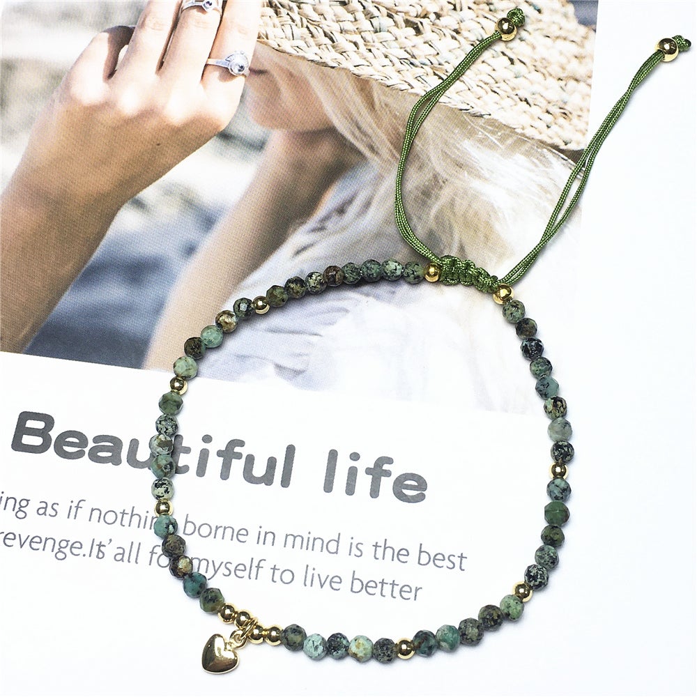 African Turquoise Gemstone Braid Rope Macrame Adjustable Bracelet Tiny Beads Gemstone Bracelet with Love Heart Charm