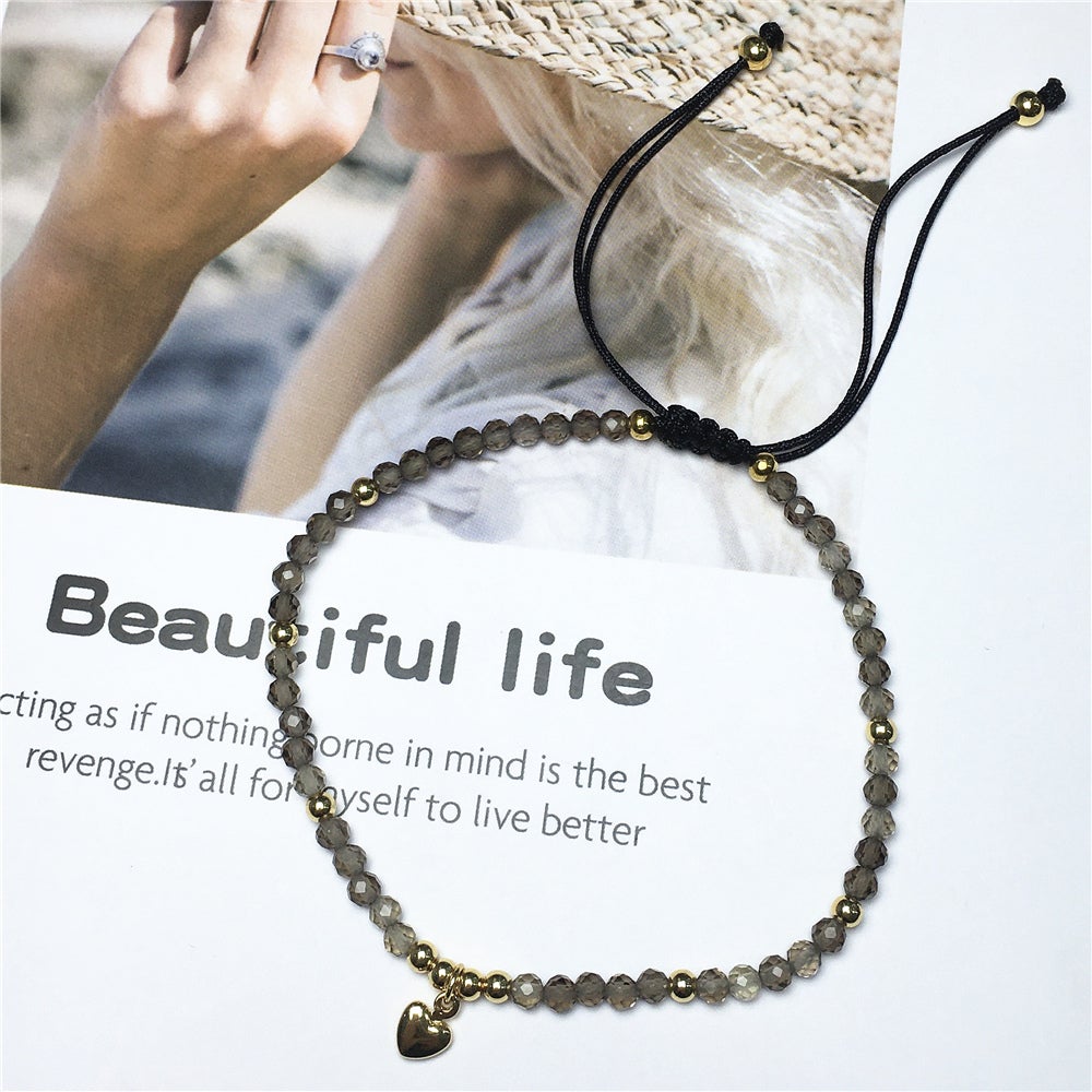 Smoky Quartz Gemstone Braid Rope Macrame Adjustable Bracelet Tiny Beads Gemstone Bracelet with Love Heart Charm