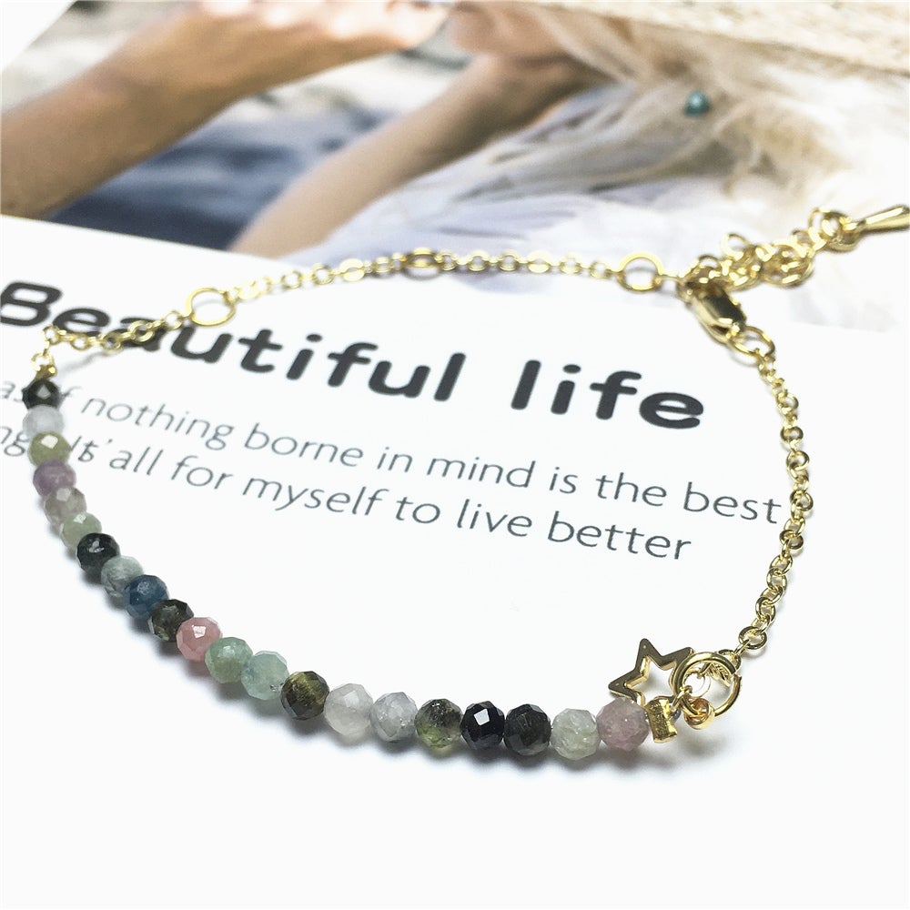Tourmaline Gemstone Adjustable Bracelet Tiny Beads Gemstone Gold Plated Chain Linked Bracelet for Women