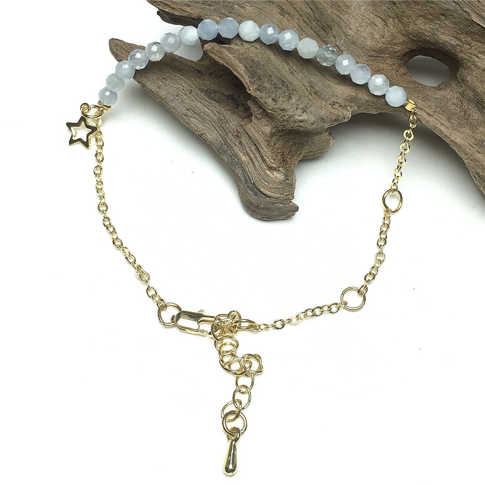 Aquamarine Gemstone Adjustable Bracelet Tiny Beads Gemstone Gold Plated Chain Linked Bracelet for Women