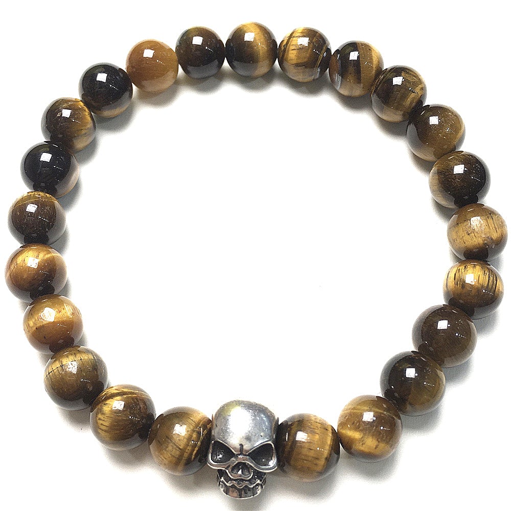 Tiger’s Eye Gemstone Unisex Handmade Stretch Bracelet Imperial Skull Charm