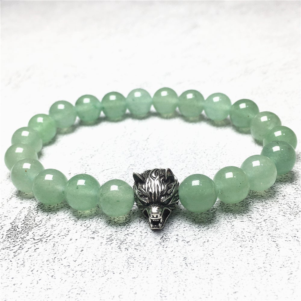 Wolf Charm Natural Green Adventurine Stone Bracelets Elastic Jewelry