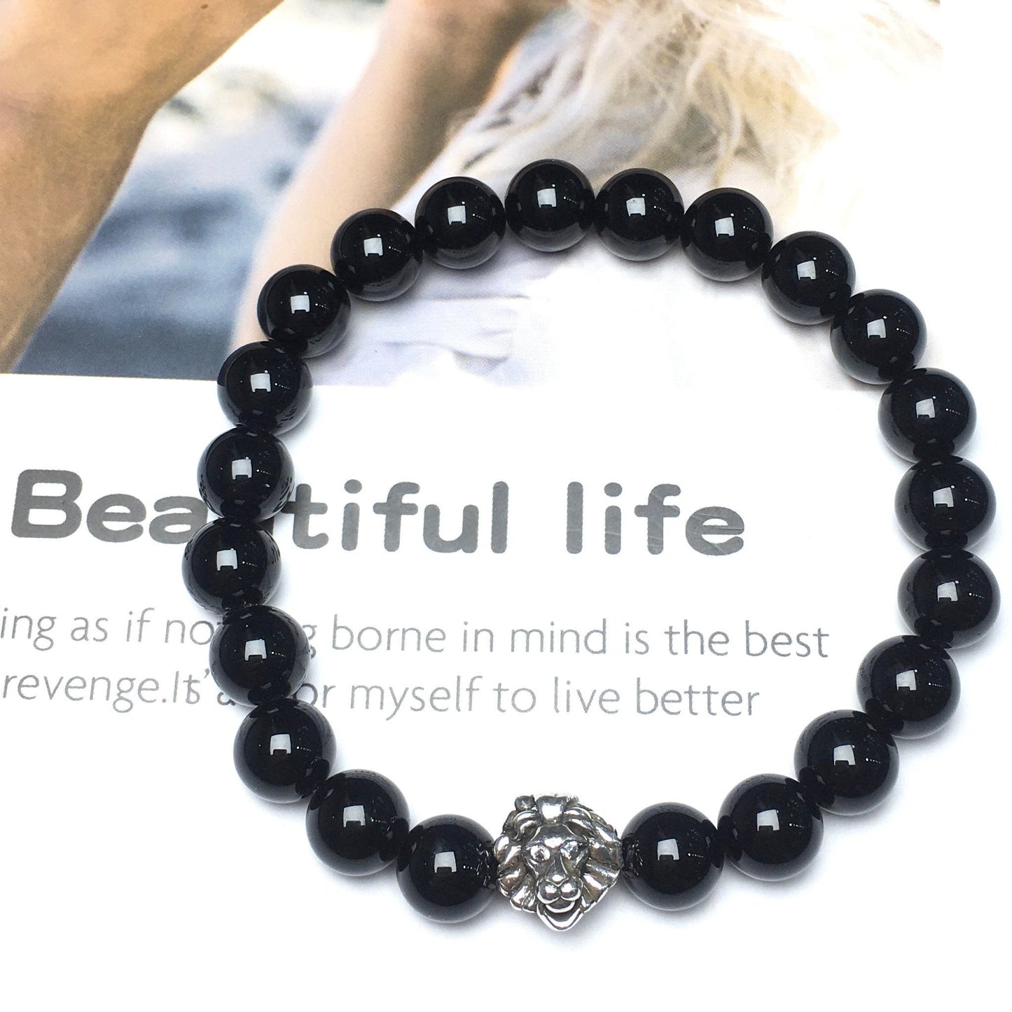 Black Only Beaded Adjustable Gemstone Bracelet Lion Style