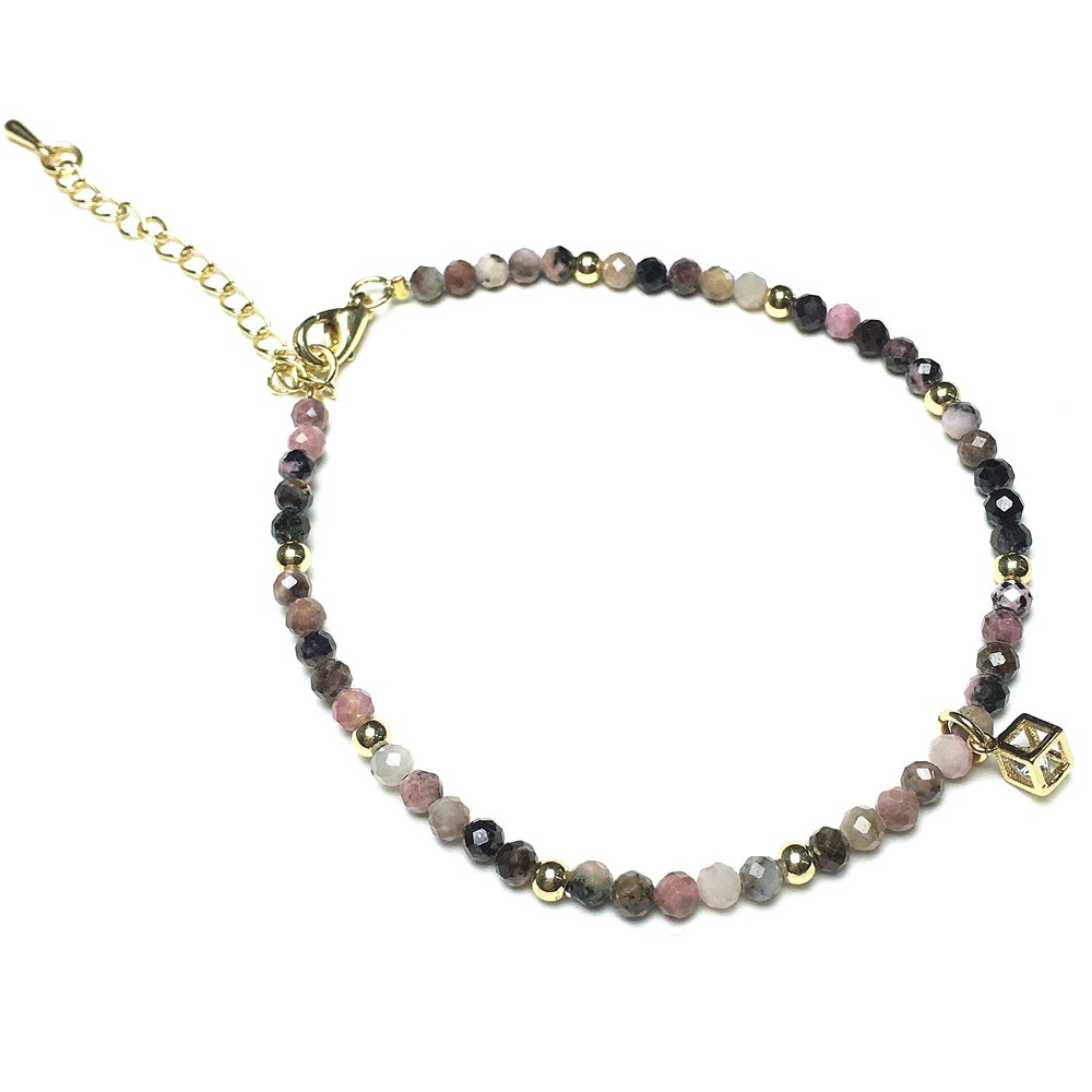 Tourmaline Gemstone with Rhinestone Cubic Charm Adjustable Tiny Gemstone Beads Bracelet