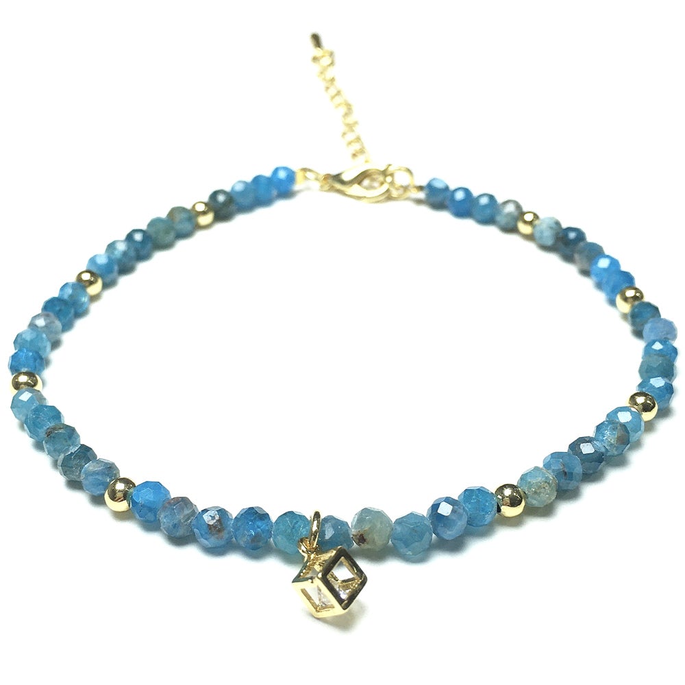 Blue Apatite Gemstone with Rhinestone Charm Adjustable Beaded Bracelet