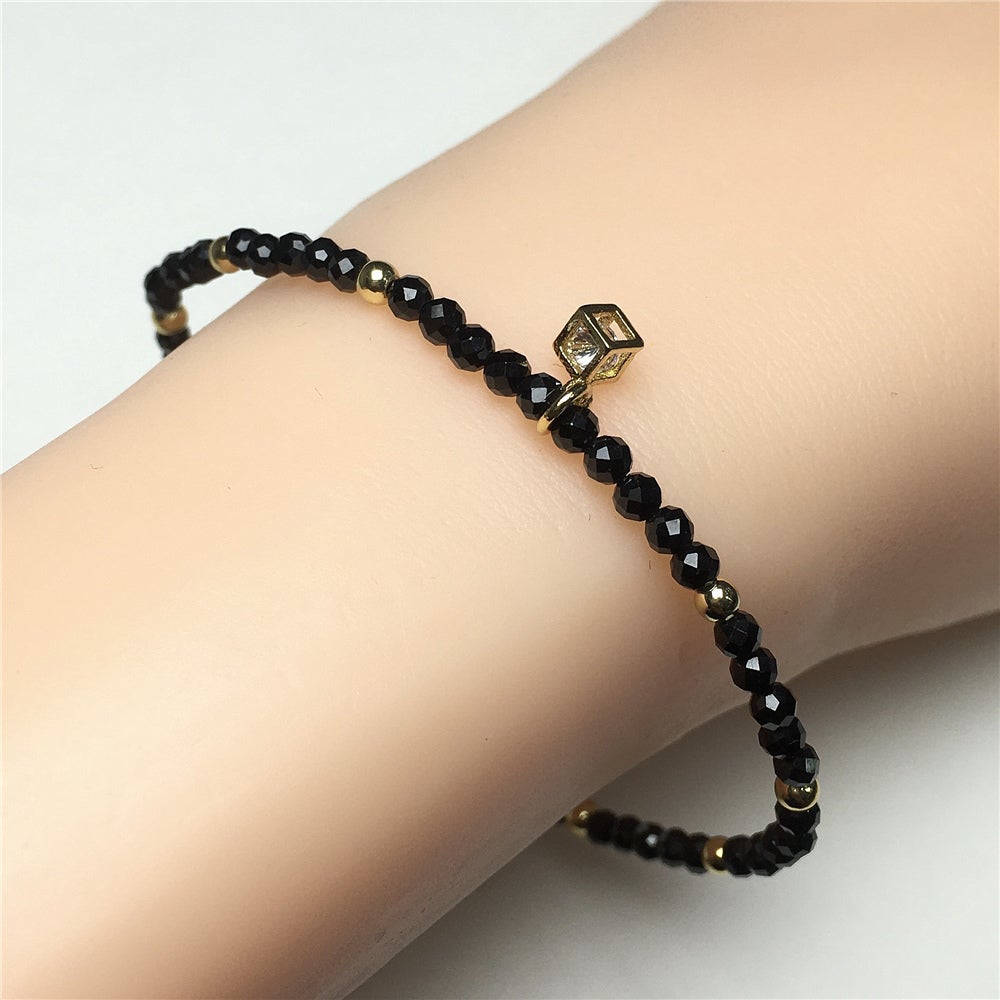 Black Spinel Gemstone with Rhinestone Cubic Charm Adjustable Tiny Gemstone Beads Bracelet