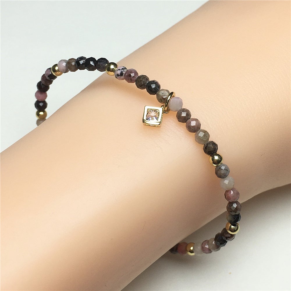 Tourmaline Gemstone with Rhinestone Cubic Charm Adjustable Tiny Gemstone Beads Bracelet