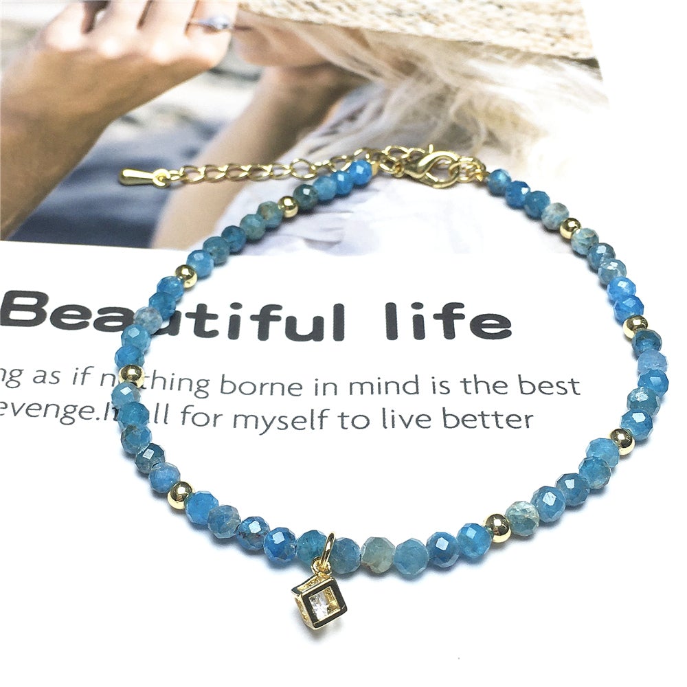 Blue Apatite Gemstone with Rhinestone Charm Adjustable Beaded Bracelet