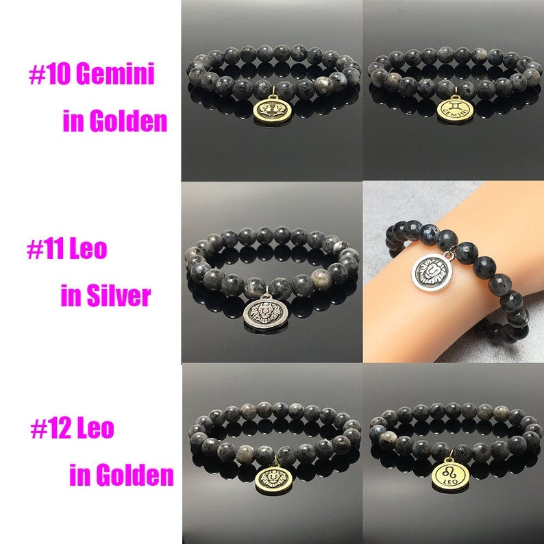 Black Labradorite Bead Zodiac Bracelet Horoscope Charm Gemstone Stretchy Bracelet Celestial Astrology Constellation Jewelry