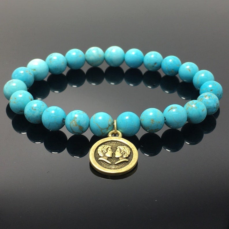 8mm Blue Turquoise Bead Zodiac Bracelet Horoscope Charm Stretchy Gemstone Bracelet Celestial Astrology Constellation Jewelry Birthstone Gift